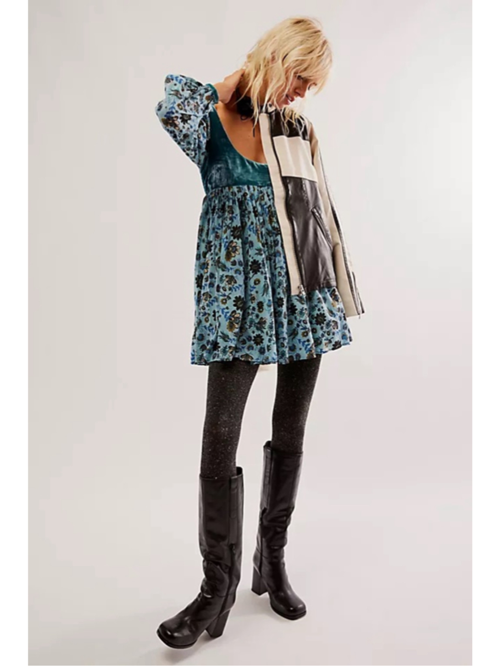 Free People Marsha Mini Velvet Retro Dress Empire Waist Size M Teal NWT - Picture 3 of 9